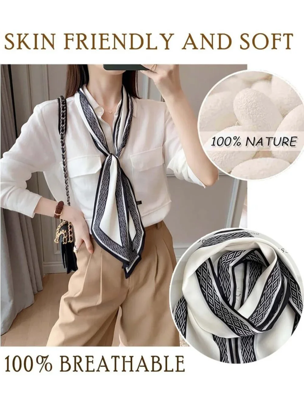 Women's Black White Strap Stylish Satin Headscarf Wrap Lightweight Scarves Scarf